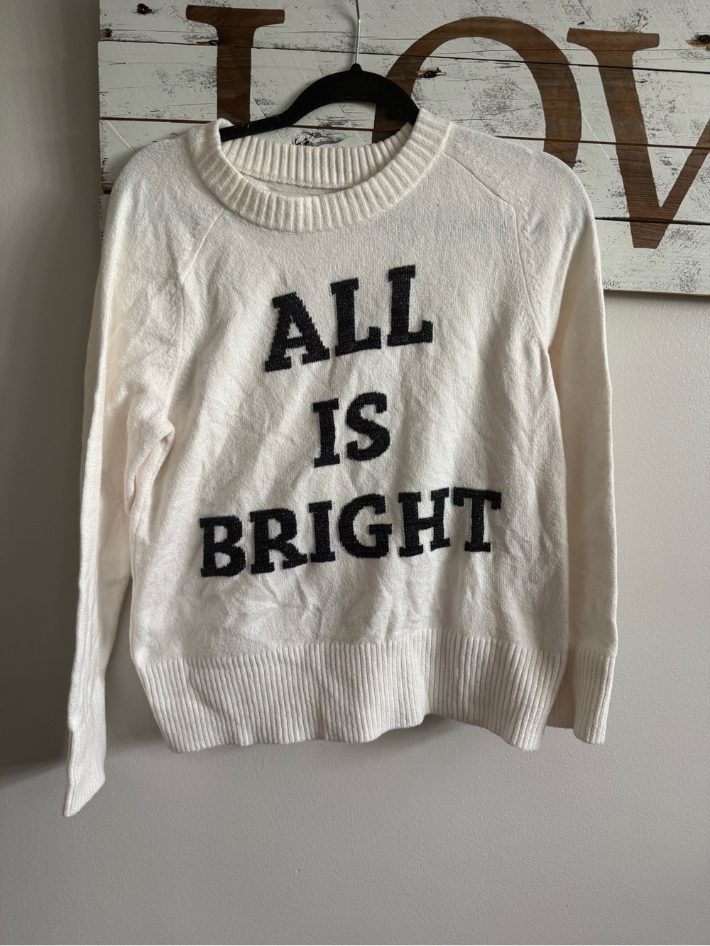 LOFT Cream holiday Sweater with Black Lettering